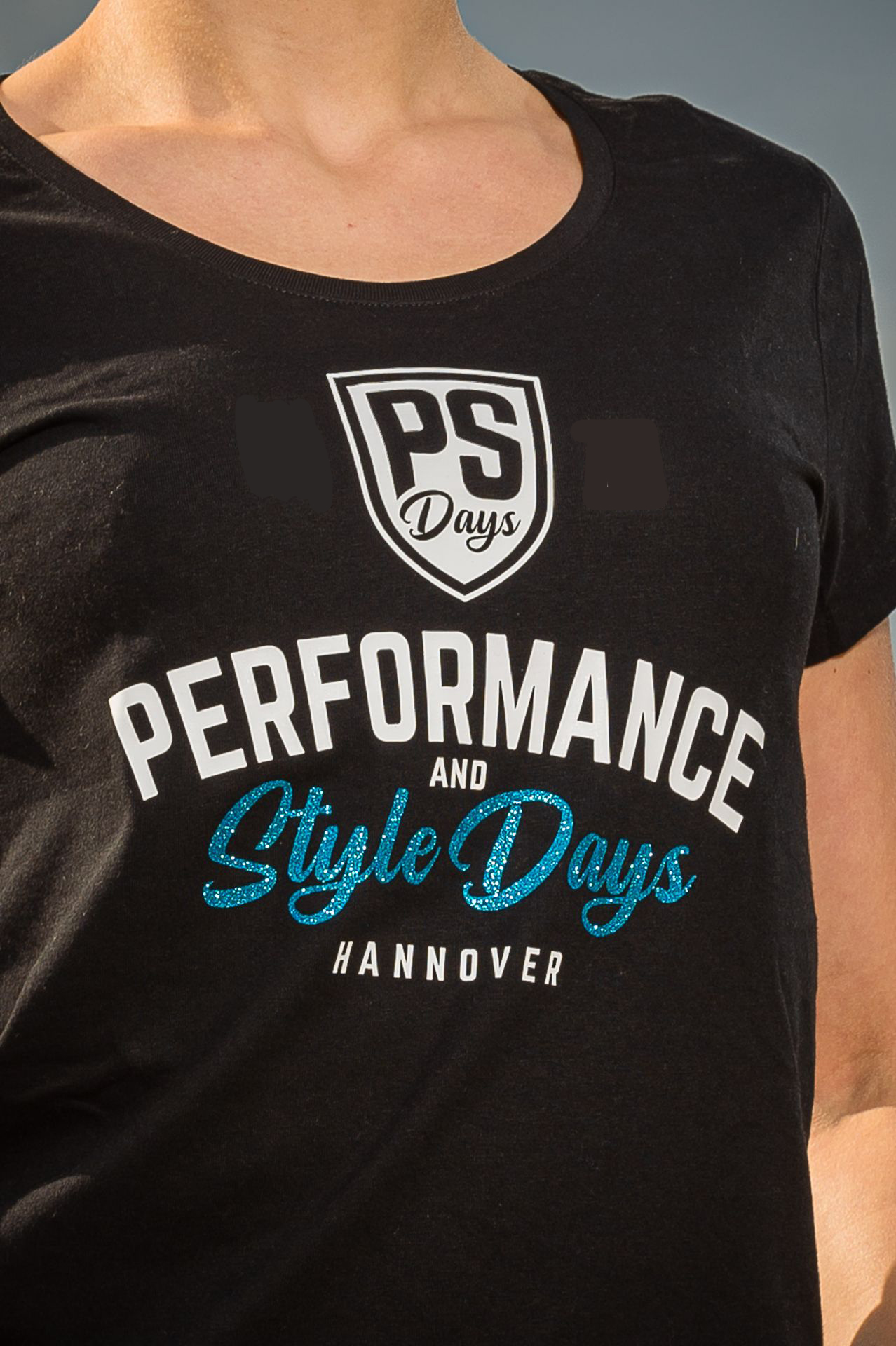 Damen T-Shirt Premium "PS Days" - schwarz-blau Glitzer
